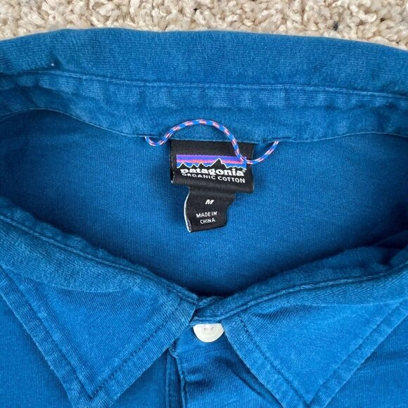 Patagonia Mens Polo Shirt Blue Medium Solid Button Short Sleeve Organic Cotton - Picture 2 of 8